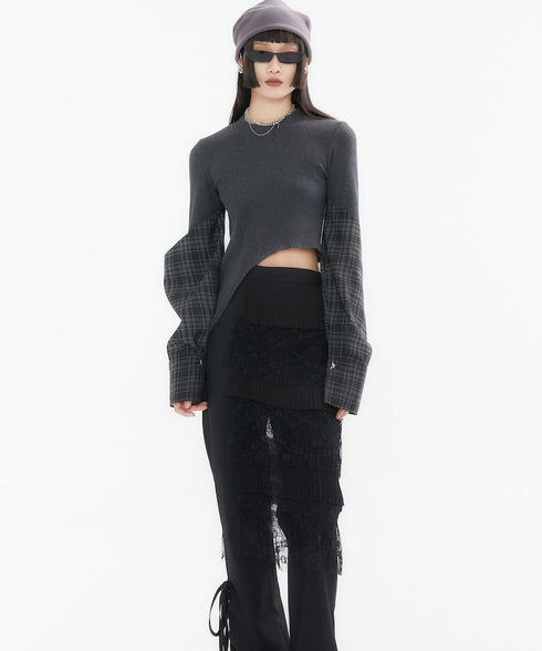 Asymmetric Plaid Sleeve Knit Top